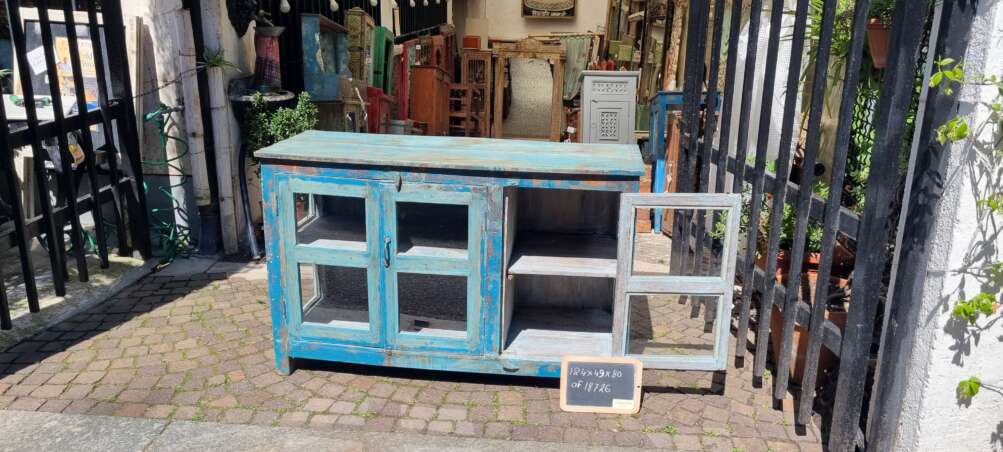 Credenza-vetrinetta in legno azzurro con vetri - immagine 3
