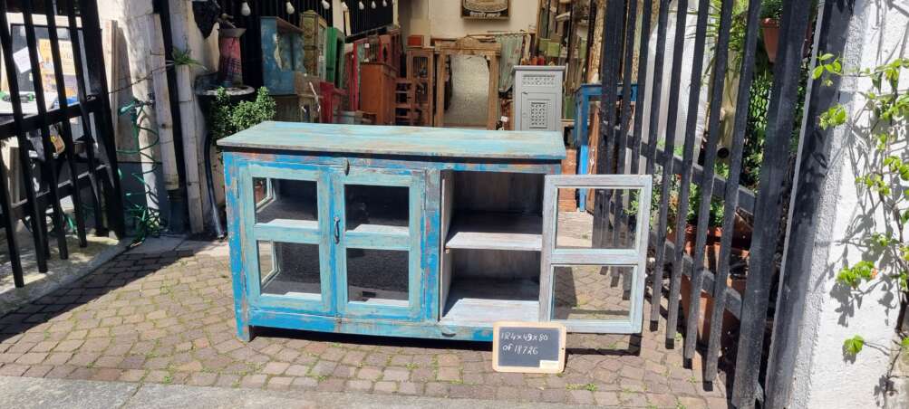 Credenza-vetrinetta in legno azzurro con vetri - immagine 5
