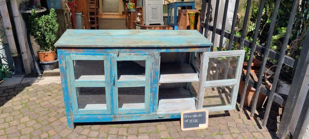 Credenza-vetrinetta in legno azzurro con vetri - immagine 6