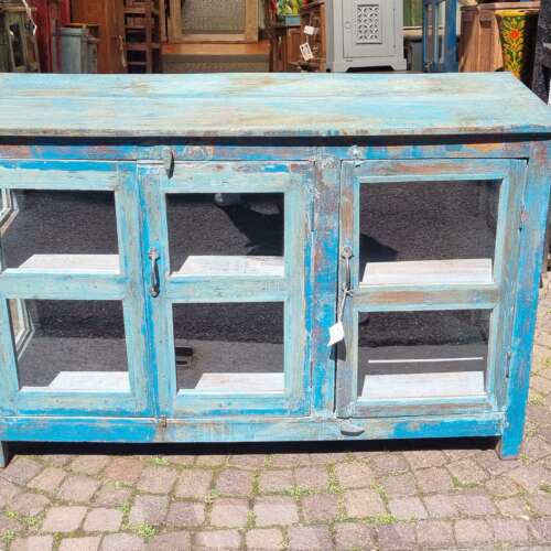 Credenza-vetrinetta in legno azzurro con vetri