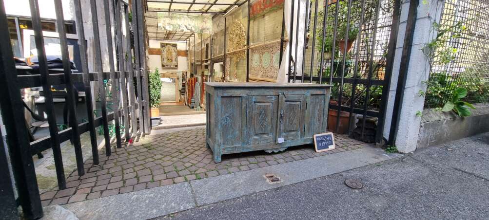Credenza antica verde con intagli a diamante - immagine 5