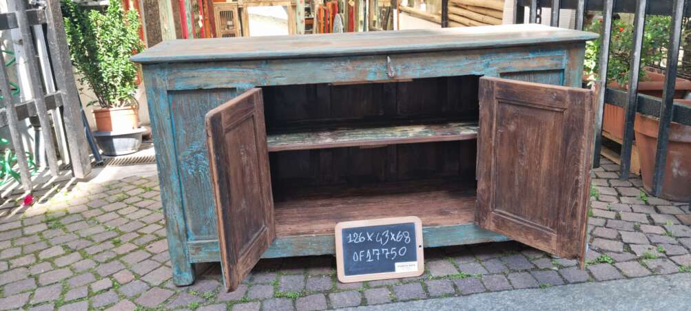 Credenza antica verde con intagli a diamante - immagine 4