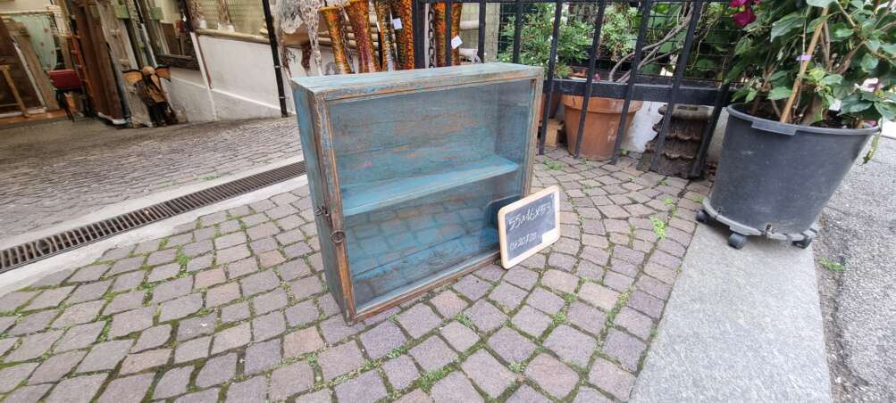 Vetrinetta pensile in teak turchese decapato - immagine 6