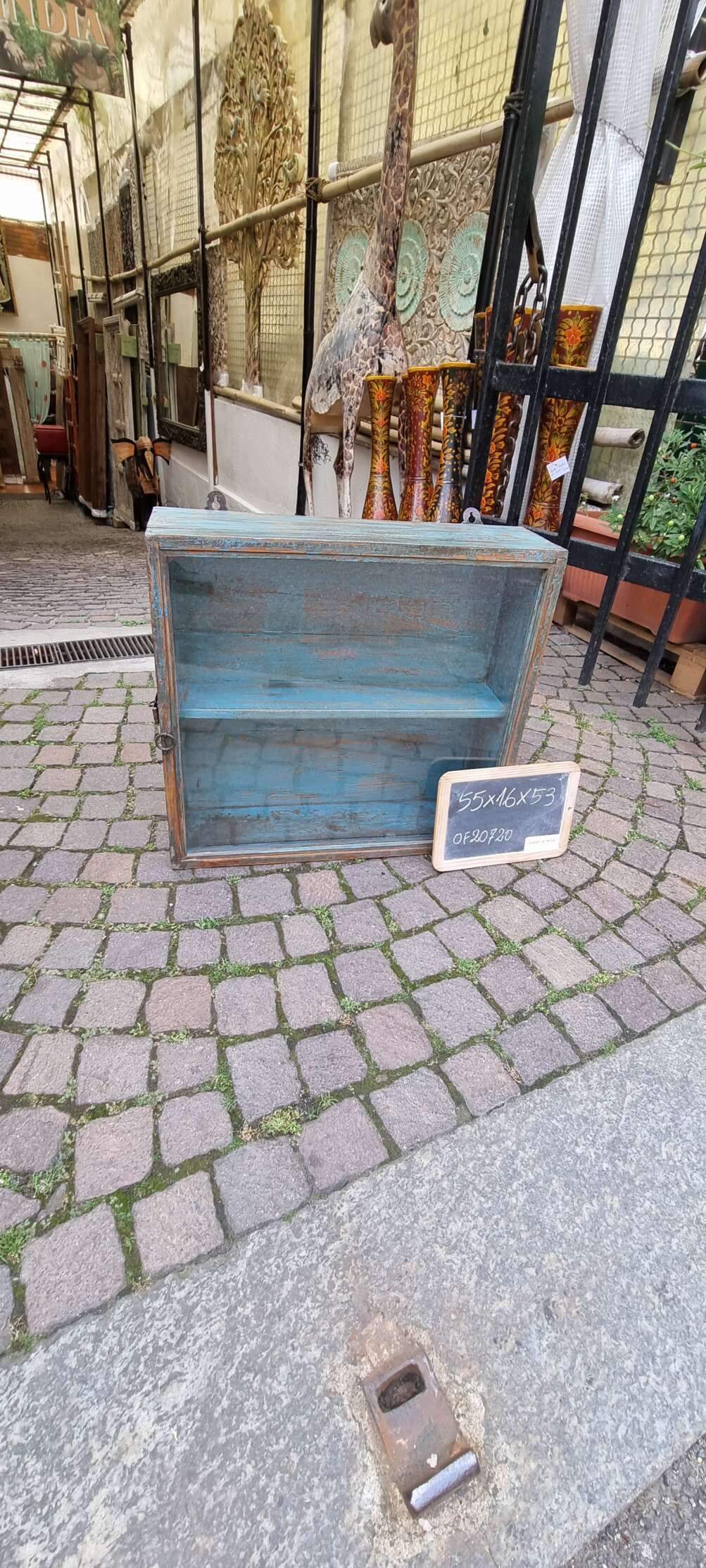 Vetrinetta pensile in teak turchese decapato