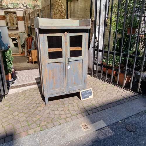 Credenza blu anticato con doppia anta e vetro